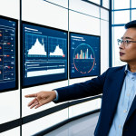A professional industrial engineer, fully clothed in a modest business casual attire, stands in a modern, brightly lit factory control room. Large screens behind him display real-time production data and AI-driven analytics dashboards. He is gesturing towards a screen, interacting with an AI interface. The environment reflects high-tech manufacturing with clean, well-maintained machinery visible in the background through a large glass partition. The setting is a Malaysian factory, appropriate content, safe for work, perfect anatomy, correct proportions, natural pose, well-formed hands, proper finger count, natural body proportions, professional photography, high quality, family-friendly.